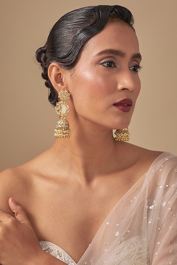 Gold Finish Kundan Polki Jhumka Earchains by Preeti Mohan at Pernia's Pop Up Shop
