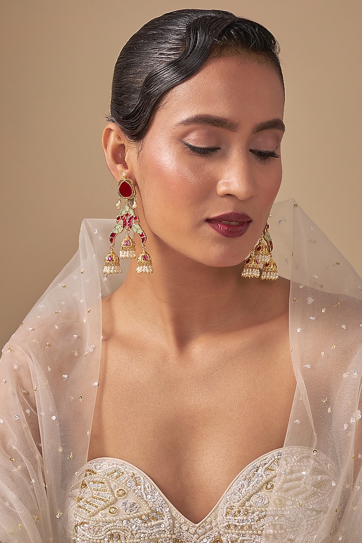 Gold Finish Kundan Polki & Red Stone Jhumka Earrings by Preeti Mohan at Pernia's Pop Up Shop