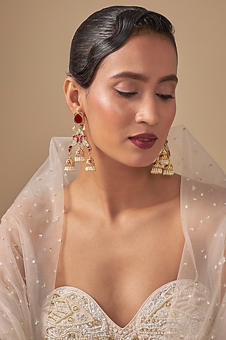 Gold Finish Kundan Polki & Red Stone Jhumka Earrings by Preeti Mohan