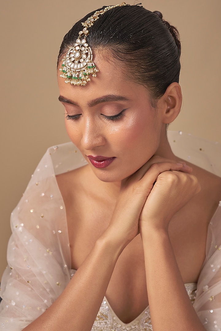 Gold Finish Kundan Polki & Green Stone Maangtikka by Preeti Mohan at Pernia's Pop Up Shop