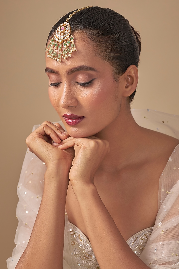Gold Finish Kundan Polki & Pearl Maangtikka by Preeti Mohan at Pernia's Pop Up Shop