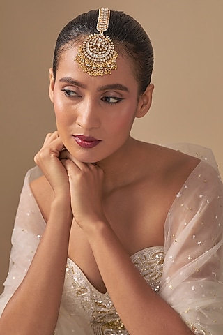 Gold Finish Kundan Polki Maangtikka by Preeti Mohan