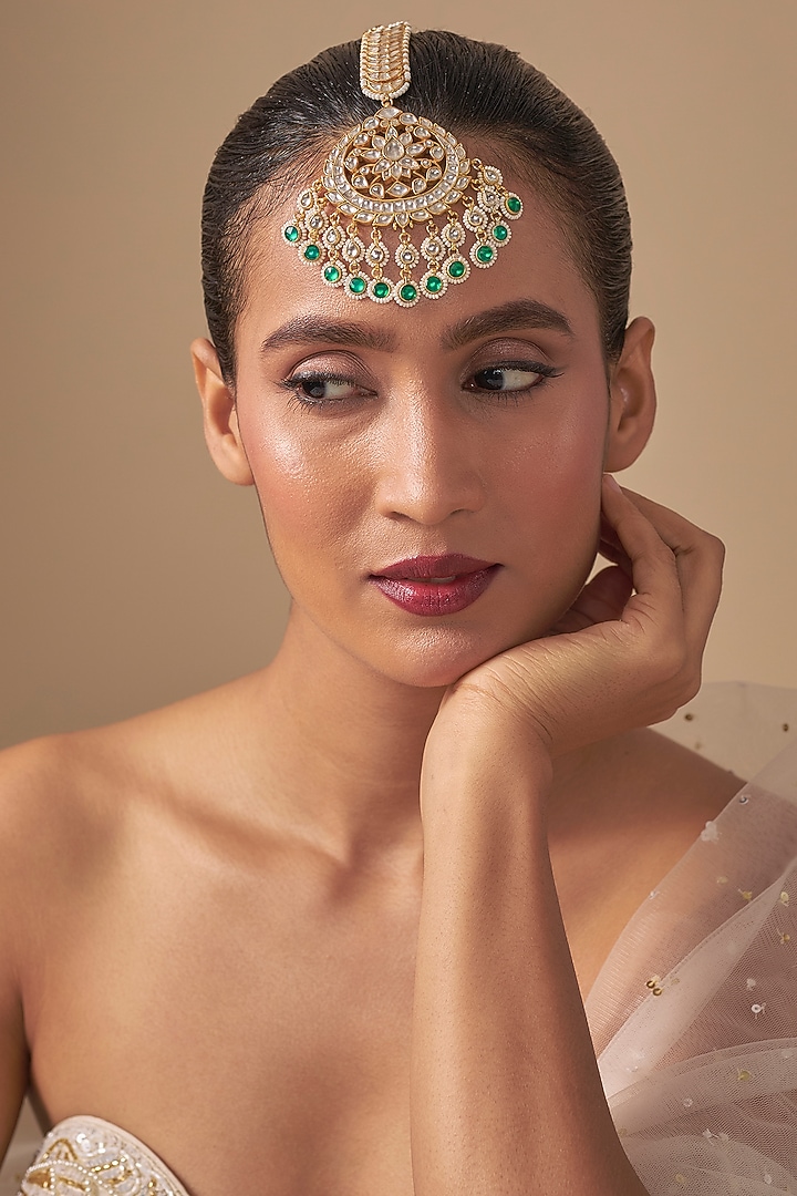 Gold Finish Kundan Polki & Green Stone Maangtikka by Preeti Mohan at Pernia's Pop Up Shop