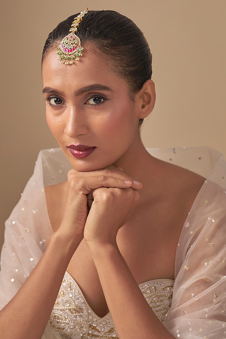 Gold Finish Kundan Polki & Pink Stone Maangtikka by Preeti Mohan at Pernia's Pop Up Shop