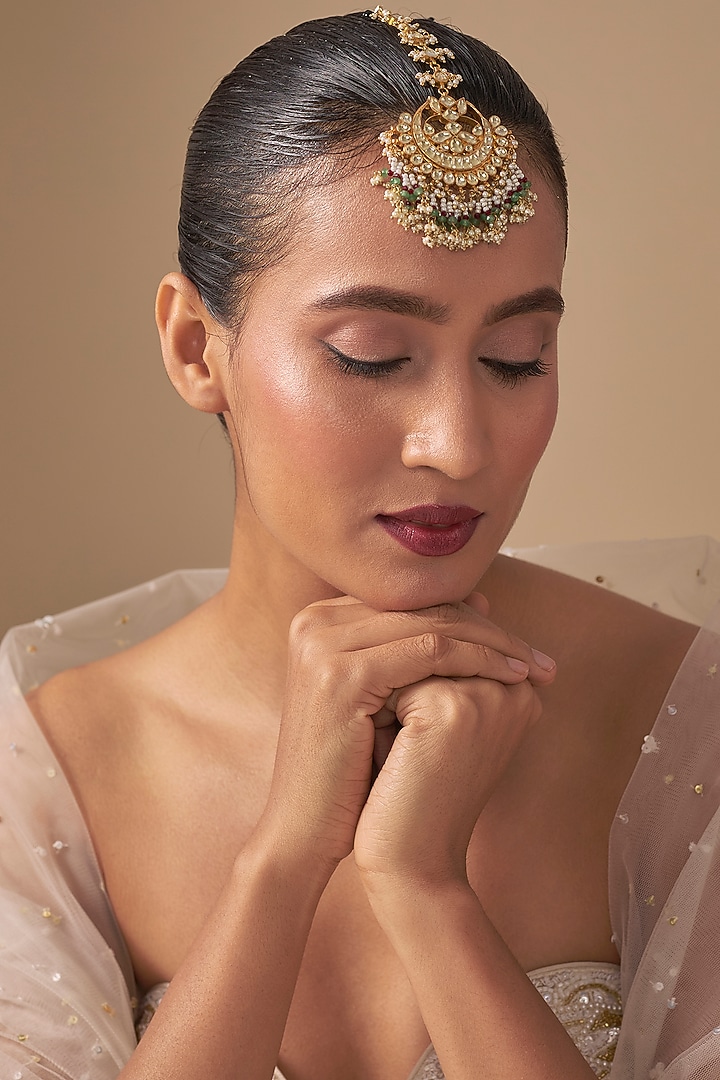 Gold Finish Kundan Polki & Seed Pearl Maangtikka by Preeti Mohan at Pernia's Pop Up Shop