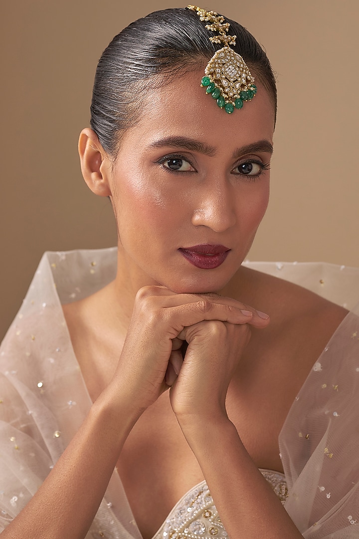 Gold Finish Kundan Polki & Green Stone Maangtikka by Preeti Mohan at Pernia's Pop Up Shop
