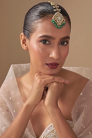 Gold Finish Kundan Polki & Green Stone Maangtikka by Preeti Mohan