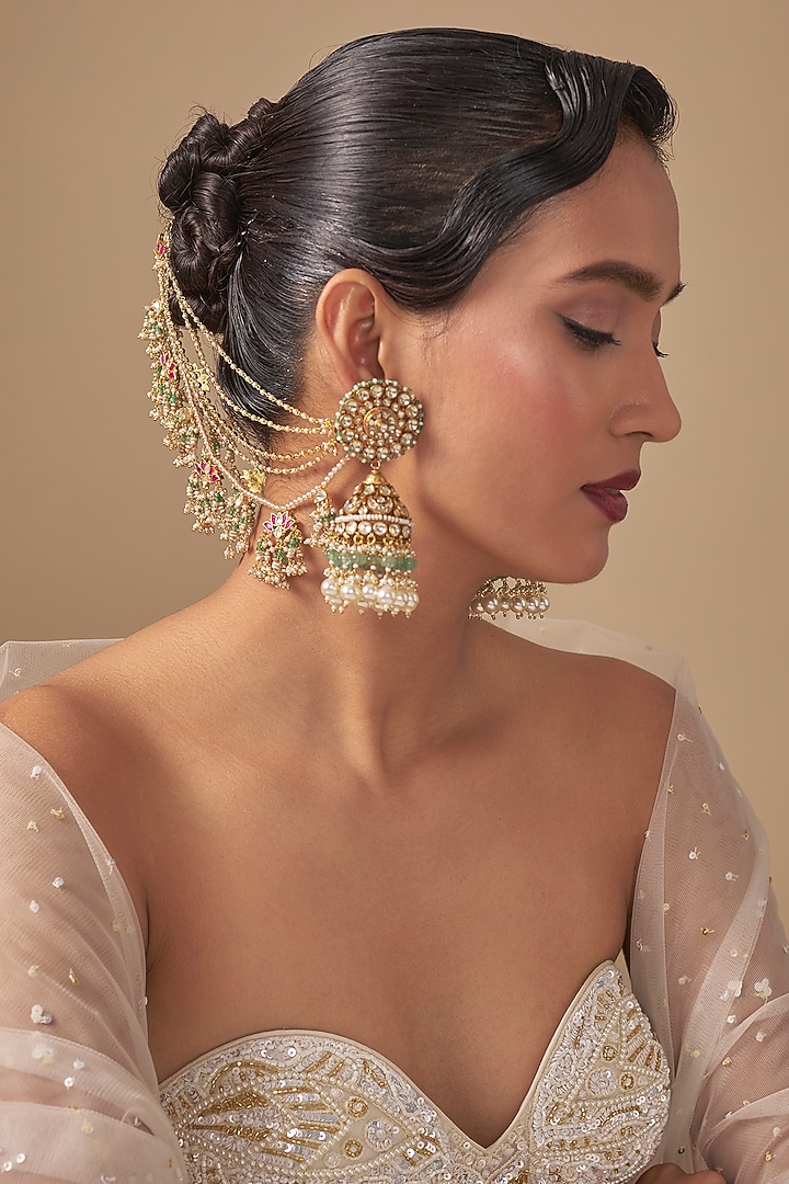 Gold Finish Kundan Polki & Green Stone Jhumka Earchains by Preeti Mohan at Pernia's Pop Up Shop