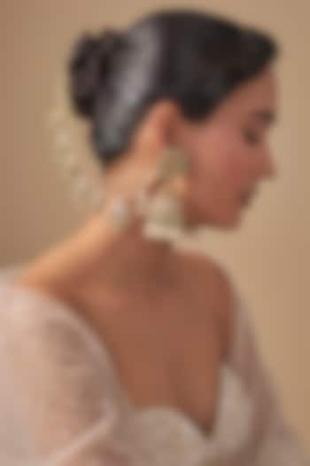 Gold Finish Kundan Polki & Green Stone Jhumka Earchains by Preeti Mohan at Pernia's Pop Up Shop