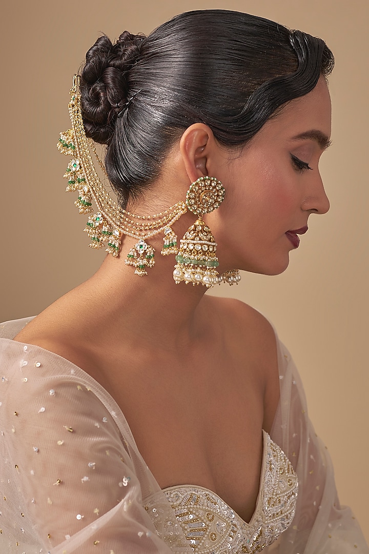 Gold Finish Kundan Polki & Green Stone Jhumka Earchains by Preeti Mohan at Pernia's Pop Up Shop