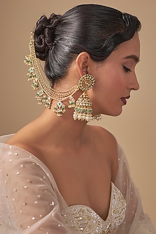 Gold Finish Kundan Polki & Green Stone Jhumka Earchains by Preeti Mohan