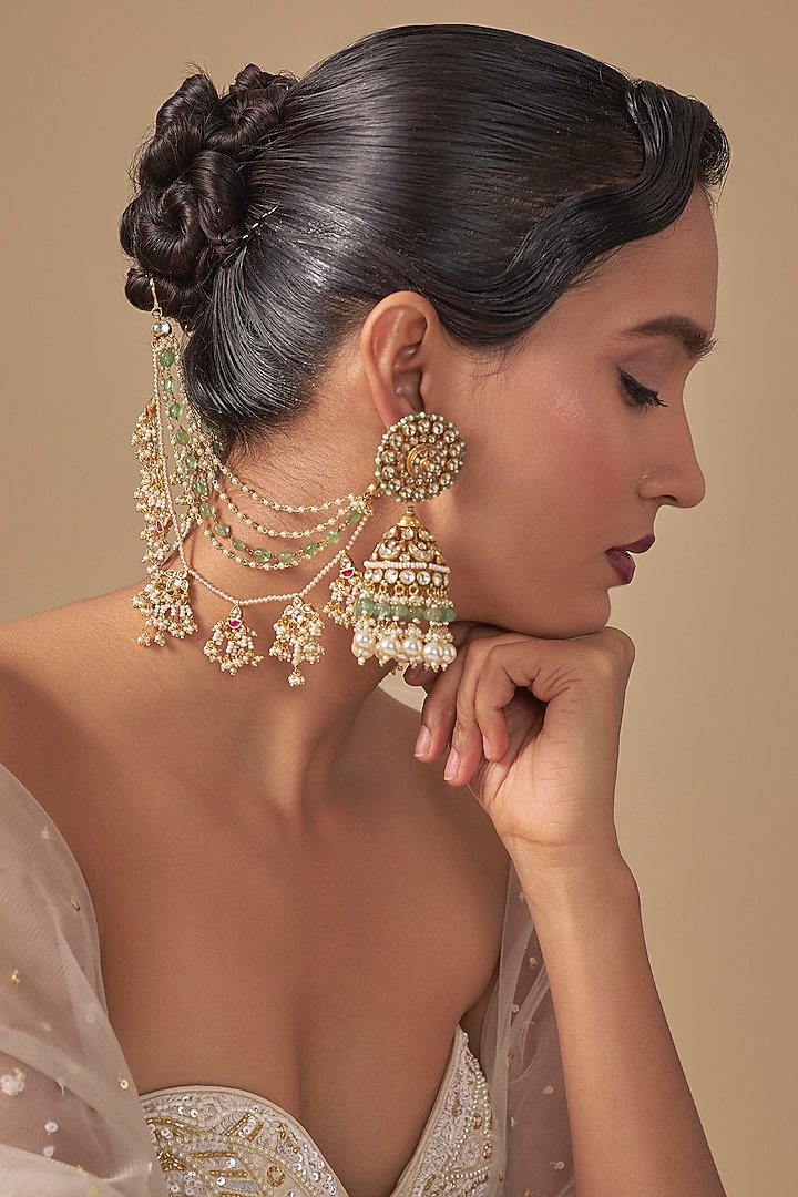Gold Finish Kundan Polki & Green Stone Jhumka Earchains by Preeti Mohan at Pernia's Pop Up Shop