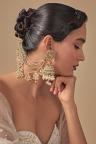 Gold Finish Kundan Polki & Green Stone Jhumka Earchains by Preeti Mohan