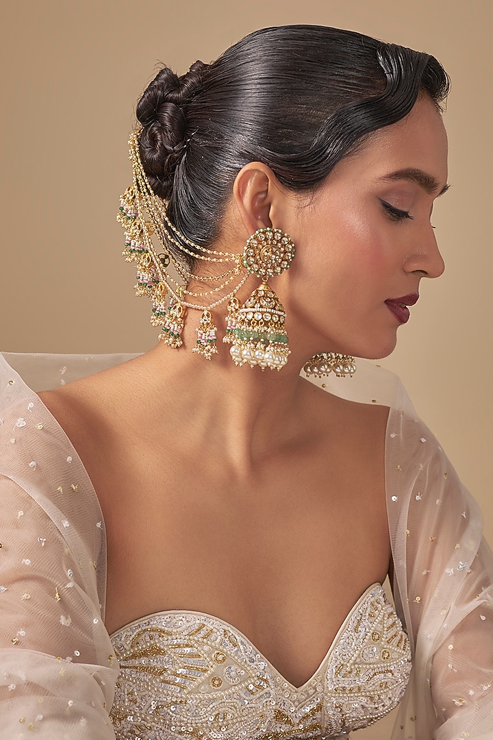 Gold Finish Kundan Polki & Green Stone Jhumka Earchains by Preeti Mohan at Pernia's Pop Up Shop