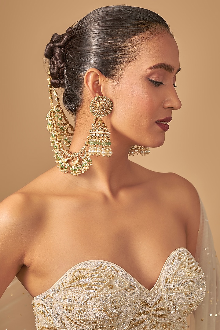 Gold Finish Kundan Polki & Green Stone Jhumka Earchains by Preeti Mohan at Pernia's Pop Up Shop
