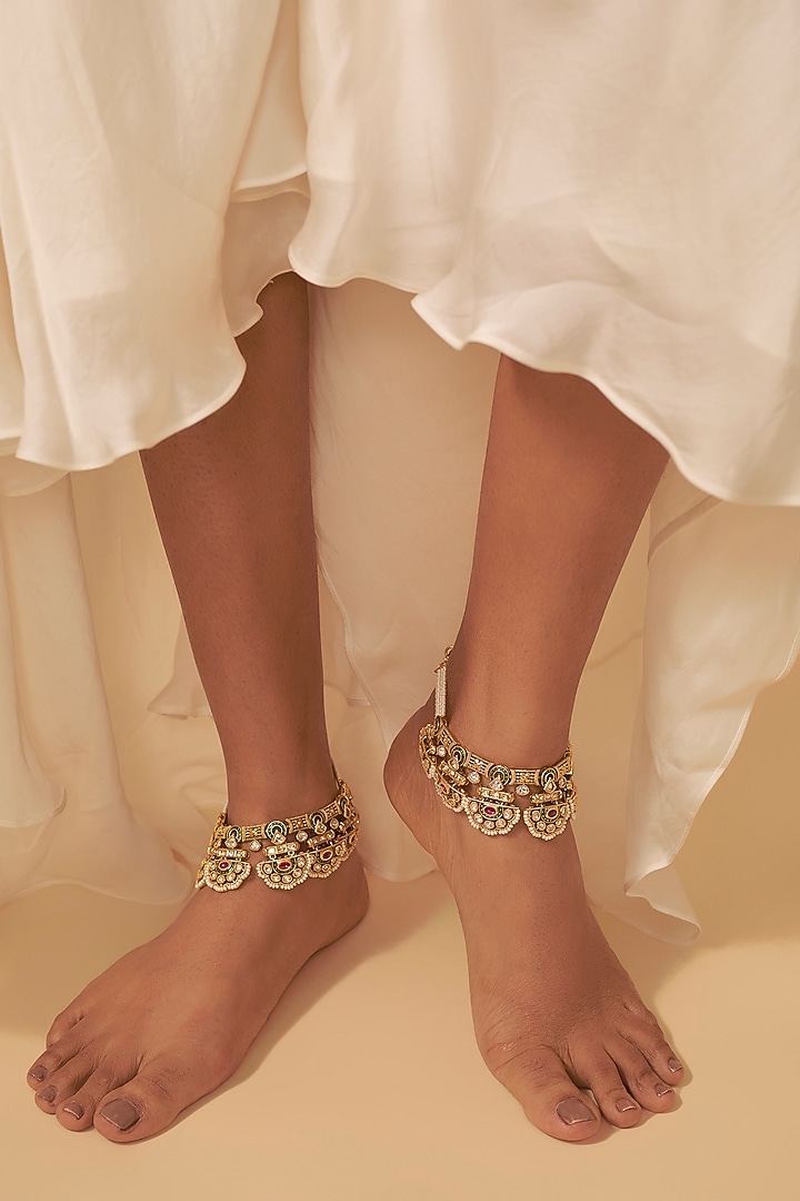 Gold Finish Kundan Polki Anklets (Sets Of 2) by Preeti Mohan at Pernia's Pop Up Shop