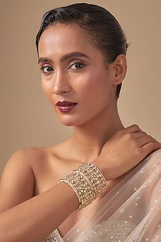 Gold Finish Kundan Polki Bangles (Set Of 2) by Preeti Mohan