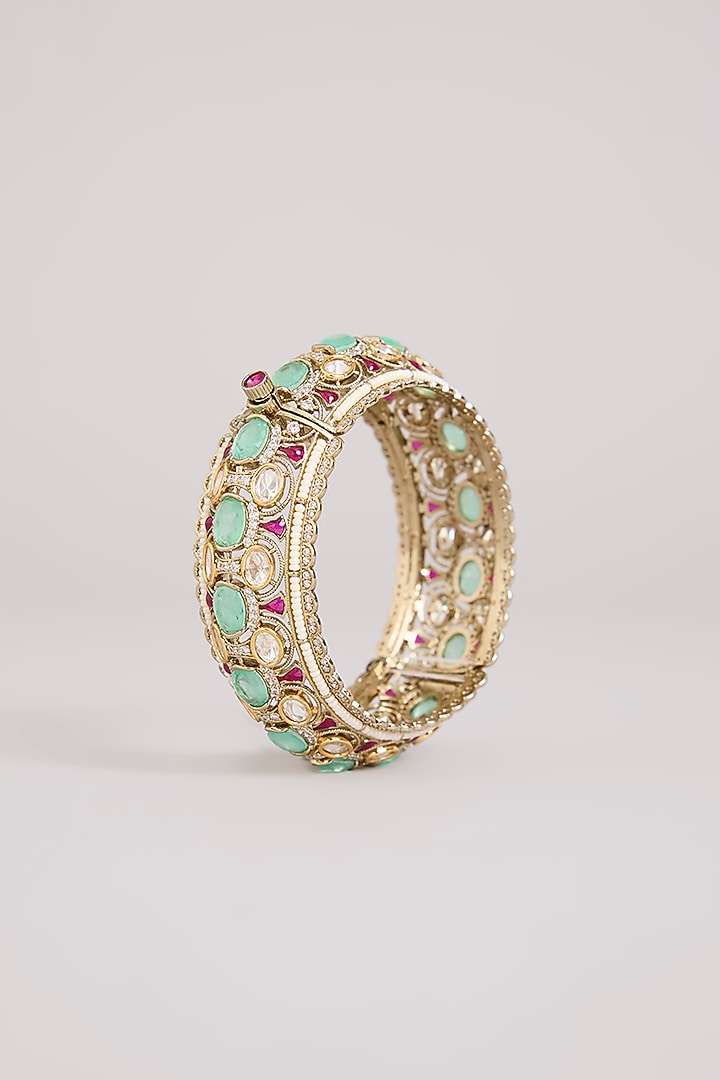 Gold Finish Kundan Polki & Blue Stone Bangles (Set Of 2) by Preeti Mohan at Pernia's Pop Up Shop