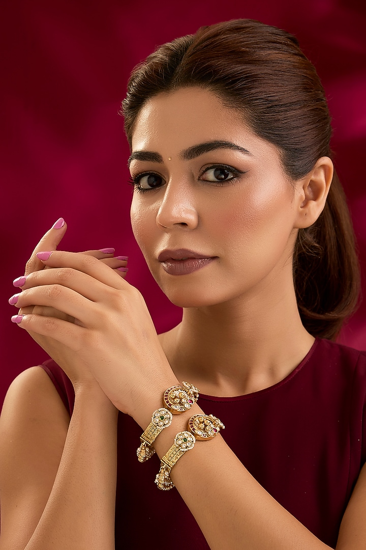 Gold Finish Kundan Polki Bangles (Set Of 2) by Preeti Mohan at Pernia's Pop Up Shop