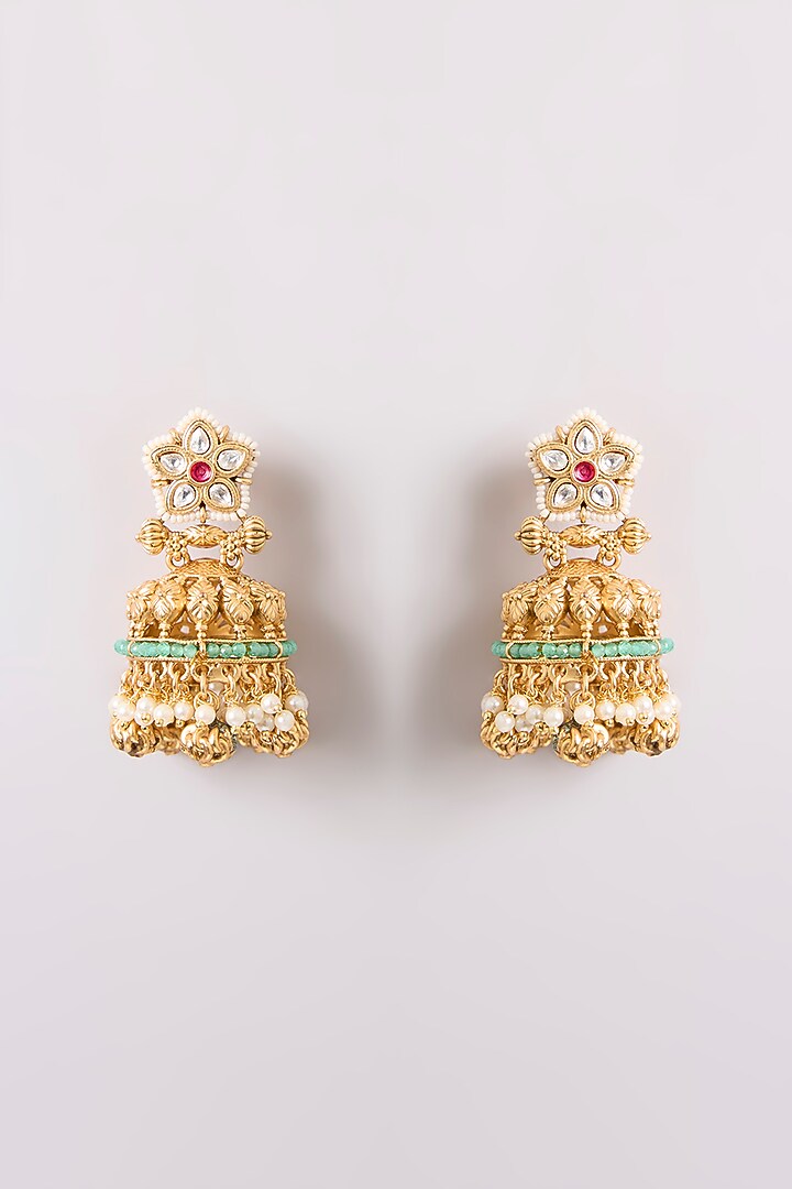 Gold Finish Kundan Polki Jhumka Earrings by Preeti Mohan at Pernia's Pop Up Shop