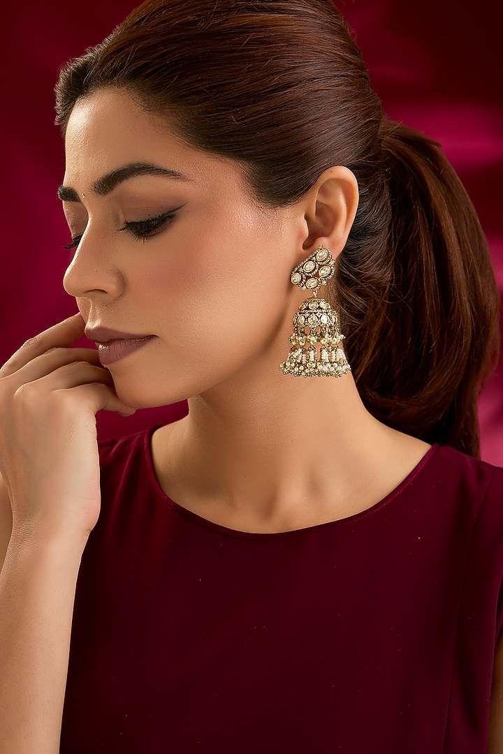Gold Finish Kundan Polki Jhumka Earrings by Preeti Mohan at Pernia's Pop Up Shop