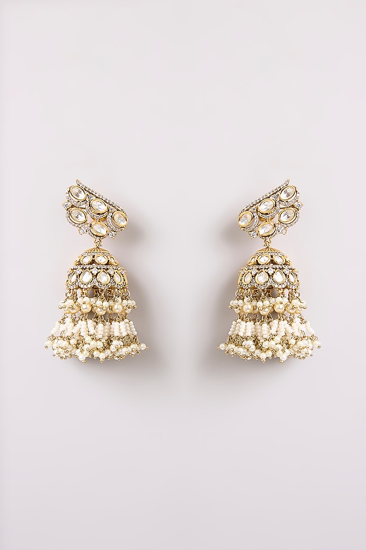 Gold Finish Kundan Polki Jhumka Earrings by Preeti Mohan at Pernia's Pop Up Shop