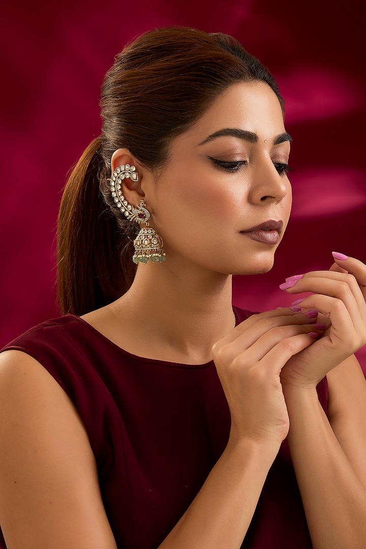 Gold Finish Kundan Polki & Mint Stone Ear Cuff Jhumka Earrings by Preeti Mohan at Pernia's Pop Up Shop