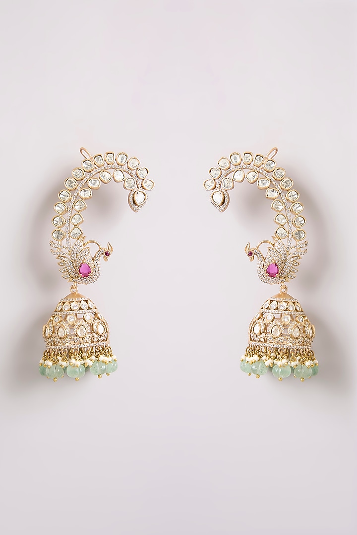 Gold Finish Kundan Polki & Mint Stone Ear Cuff Jhumka Earrings by Preeti Mohan at Pernia's Pop Up Shop