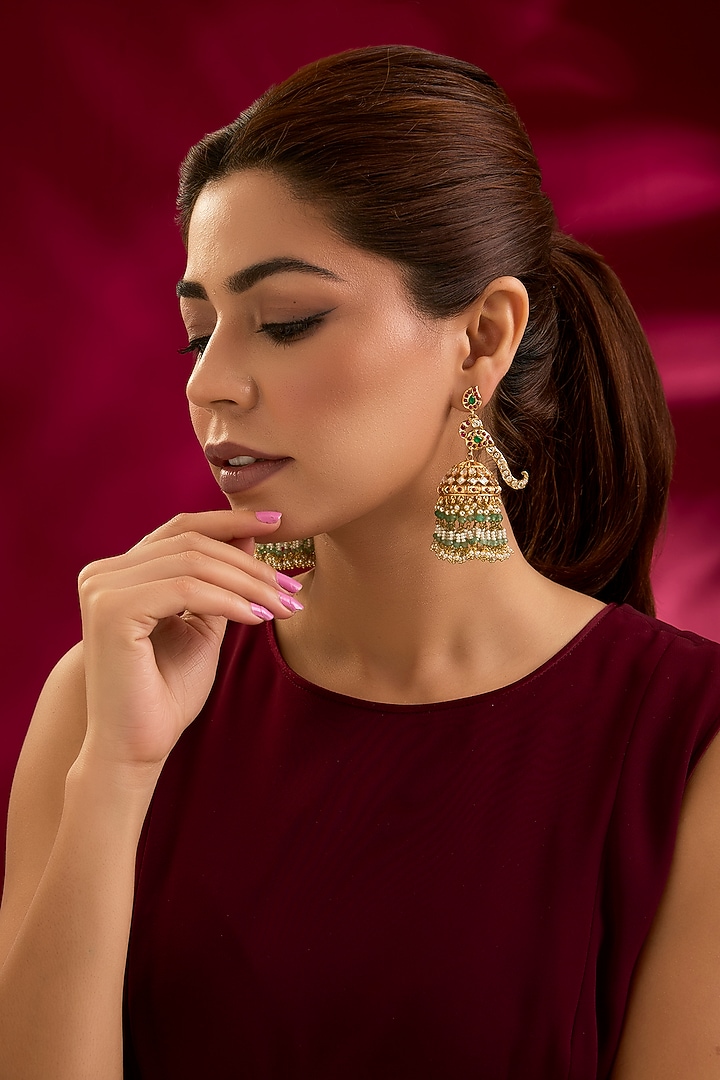 Gold Finish Kundan Polki & Seed Pearl Jhumka Earrings by Preeti Mohan at Pernia's Pop Up Shop