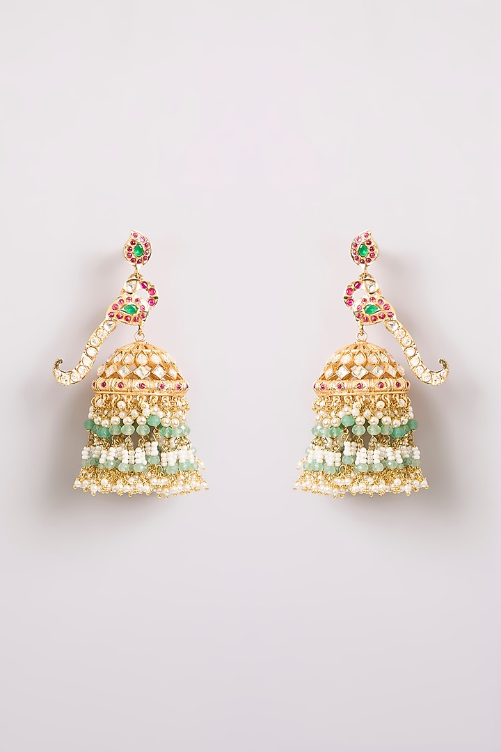Gold Finish Kundan Polki & Seed Pearl Jhumka Earrings by Preeti Mohan at Pernia's Pop Up Shop