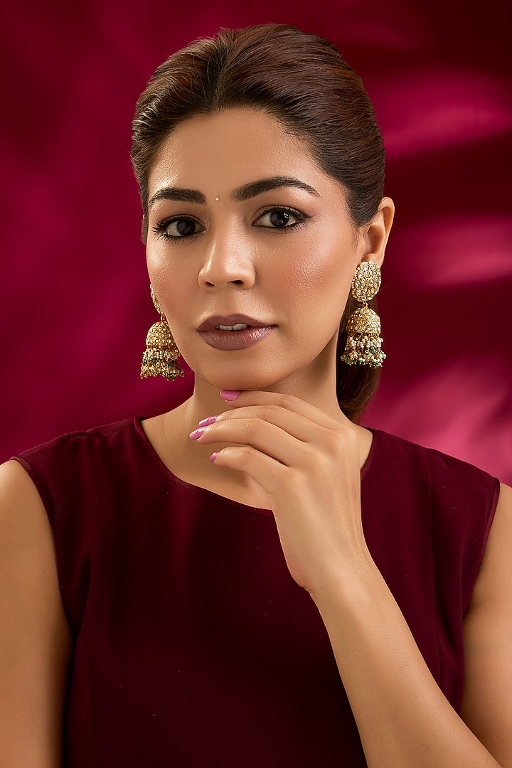 Gold Finish Kundan Polki Jhumka Earrings by Preeti Mohan at Pernia's Pop Up Shop