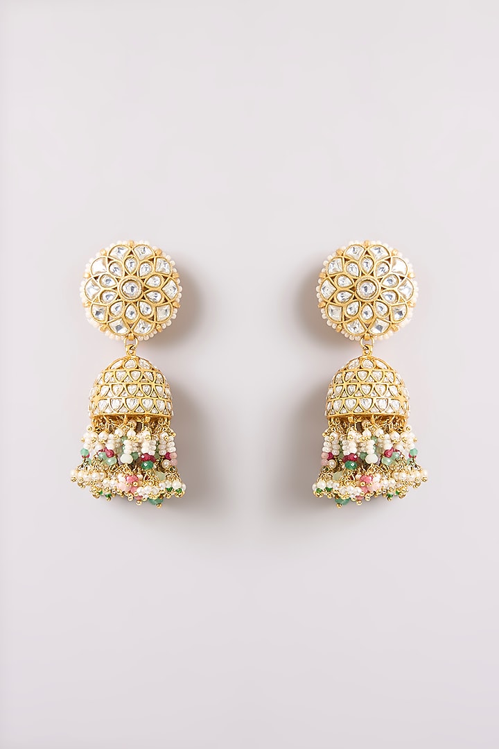 Gold Finish Kundan Polki Jhumka Earrings by Preeti Mohan at Pernia's Pop Up Shop
