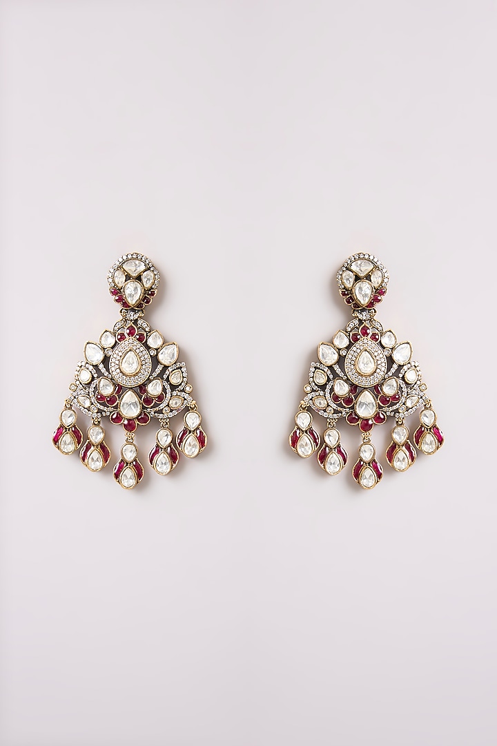 Gold Finish Kundan Polki & Red Stone Dangler Earrings by Preeti Mohan at Pernia's Pop Up Shop