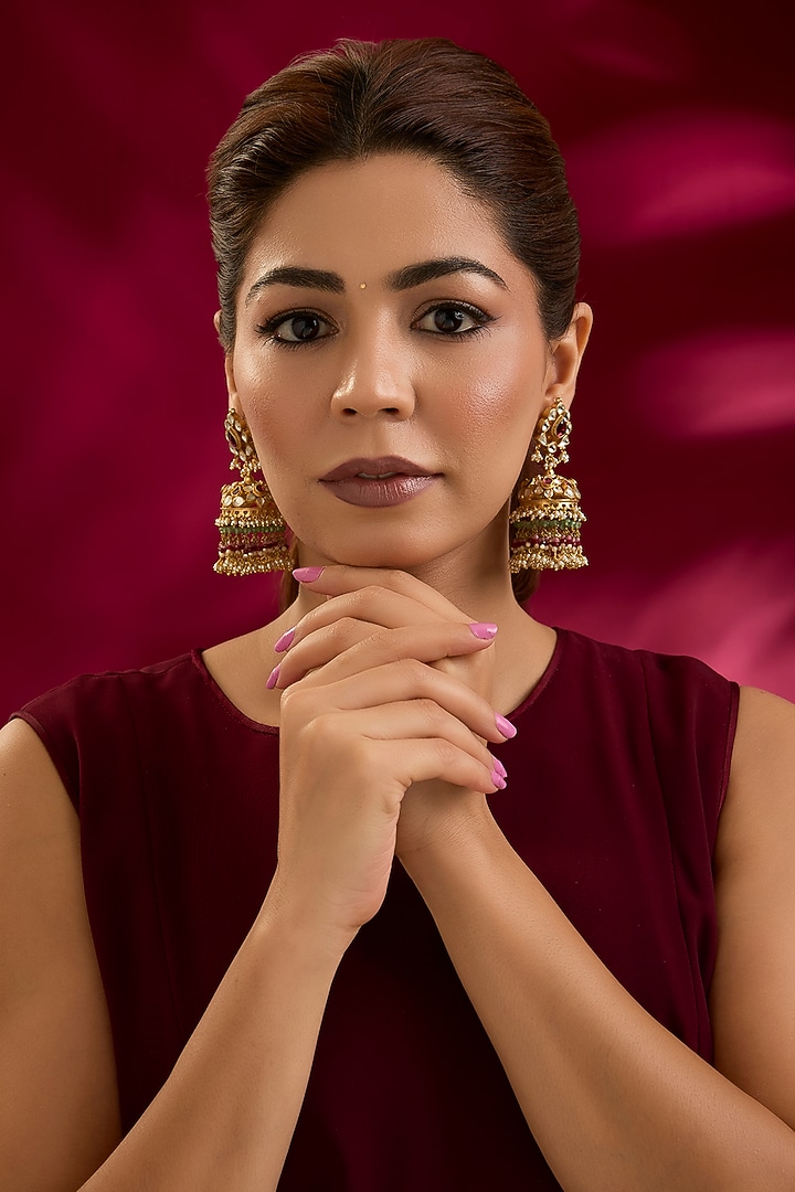 Gold Finish Kundan Polki Jhumka Earrings by Preeti Mohan at Pernia's Pop Up Shop