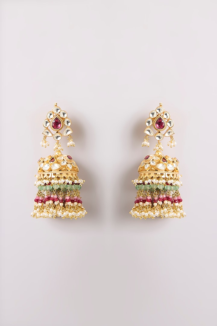 Gold Finish Kundan Polki Jhumka Earrings by Preeti Mohan at Pernia's Pop Up Shop