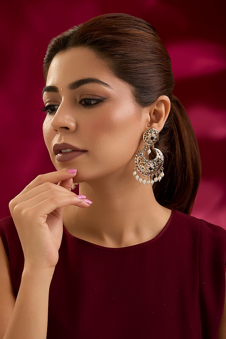 Gold Finish Pearl Chandbali Earrings by Preeti Mohan at Pernia's Pop Up Shop