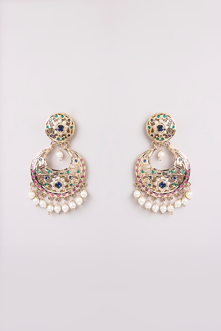 Gold Finish Pearl Chandbali Earrings by Preeti Mohan at Pernia's Pop Up Shop
