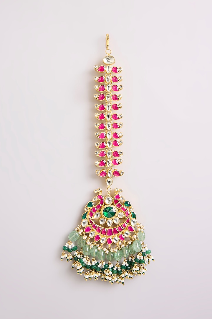 Gold Finish Kundan Polki & Green Stone Maangtikka by Preeti Mohan at Pernia's Pop Up Shop
