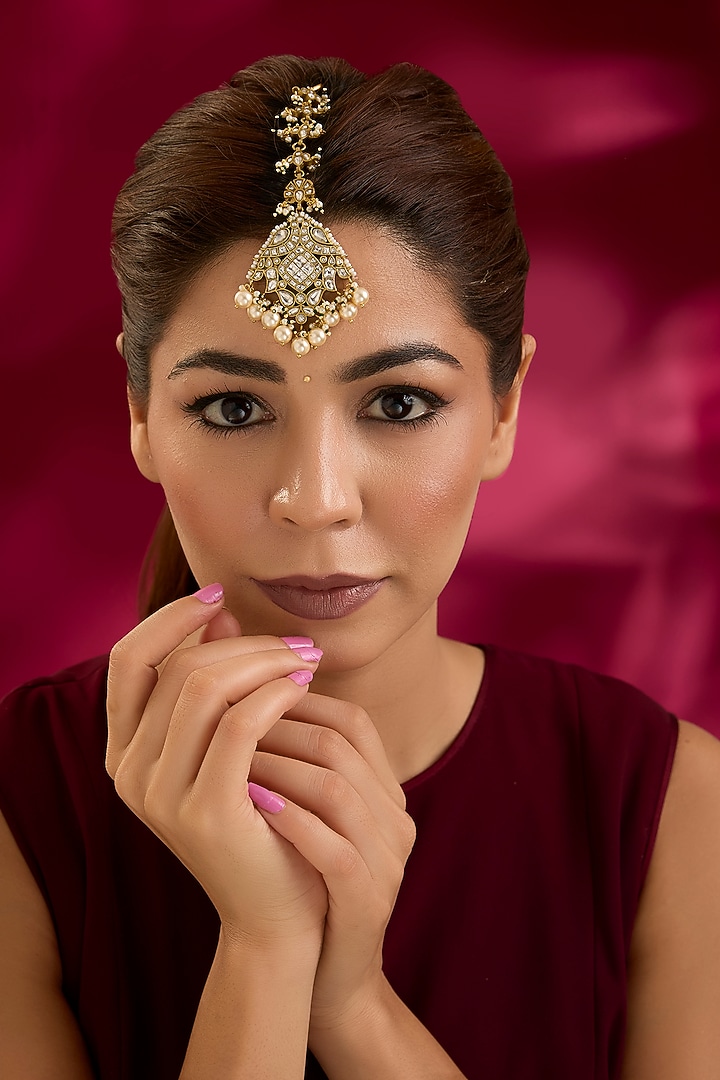 Gold Finish Kundan Polki & Pearl Maangtikka by Preeti Mohan at Pernia's Pop Up Shop