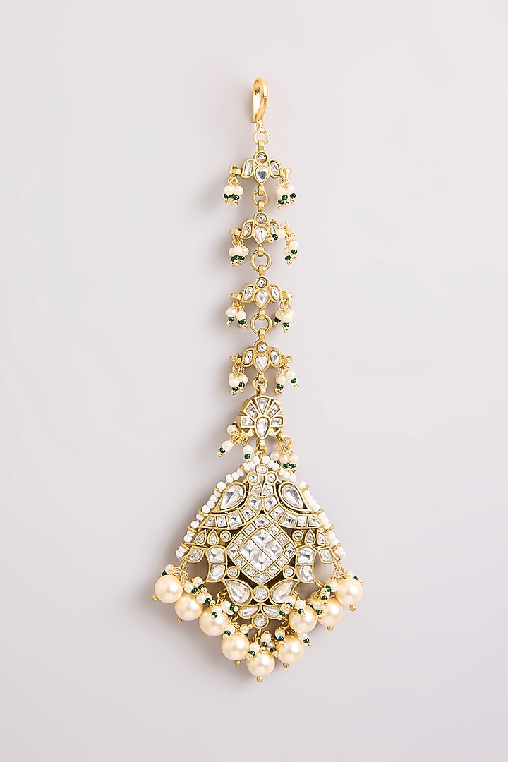 Gold Finish Kundan Polki & Pearl Maangtikka by Preeti Mohan at Pernia's Pop Up Shop