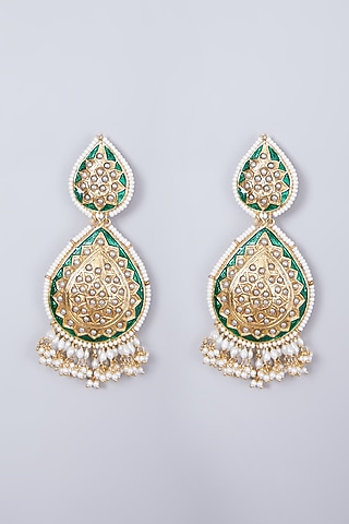 Gold Finish Green & White Jadau Earrings by Preeti Mohan