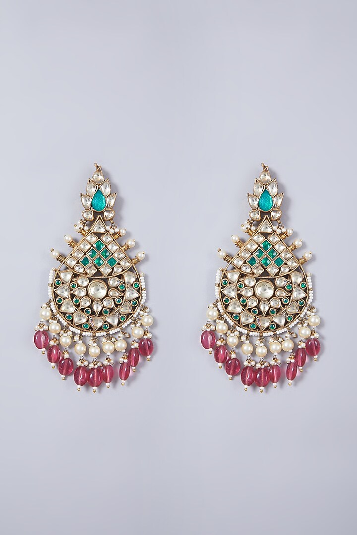 Gold Finish Green Onyx & Kundan Polki Earrings by Preeti Mohan at Pernia's Pop Up Shop