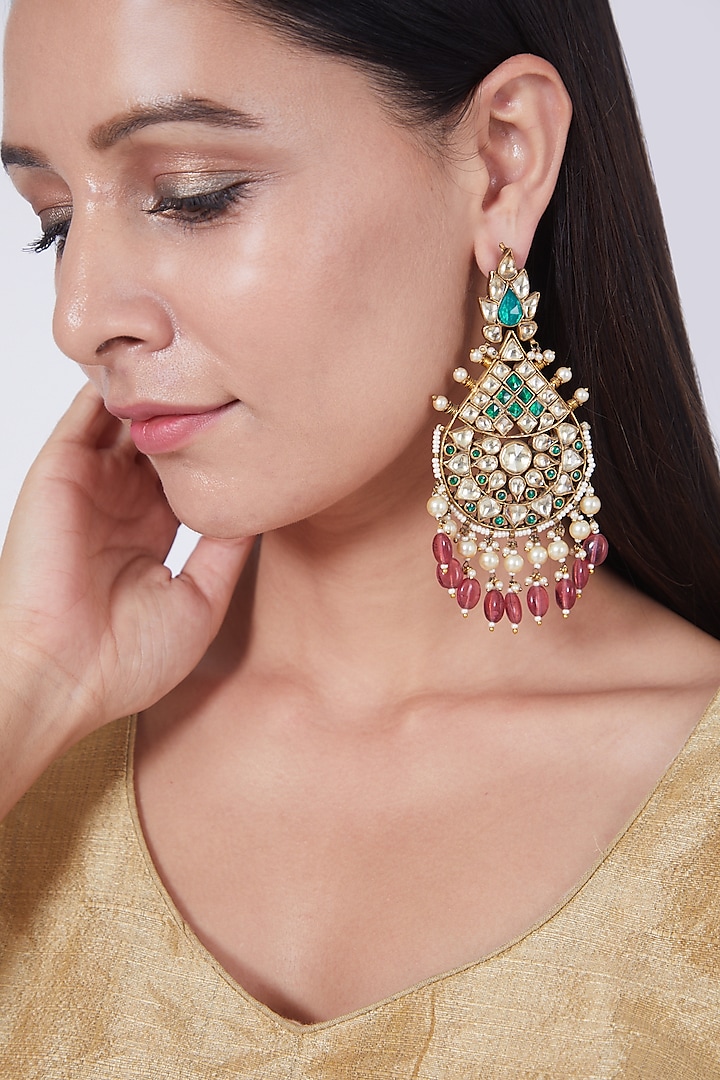 Gold Finish Green Onyx & Kundan Polki Earrings by Preeti Mohan