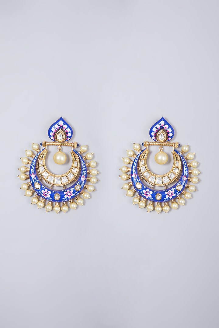 Gold Finish Blue Meenakari Earrings by Preeti Mohan