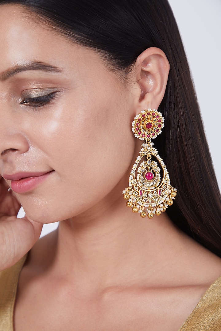 Gold Finish Ruby & Kundan Polki Earrings by Preeti Mohan