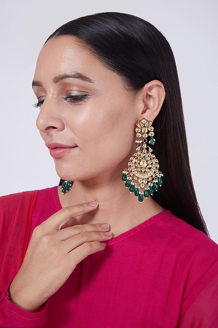 Gold Finish Green Onyx Earrings by Preeti Mohan