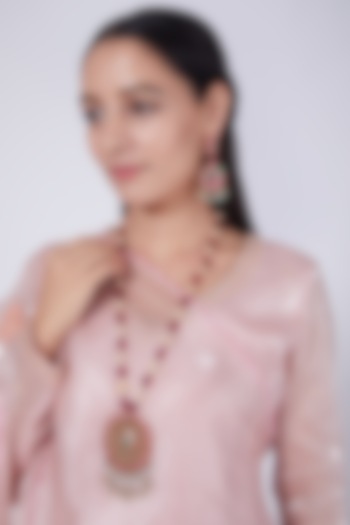 Gold Finish Ruby Pendant Necklace Set by Preeti Mohan