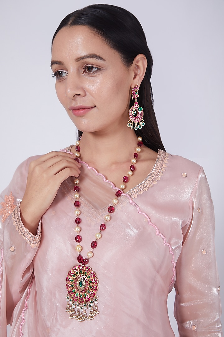 Gold Finish Ruby Pendant Necklace Set by Preeti Mohan