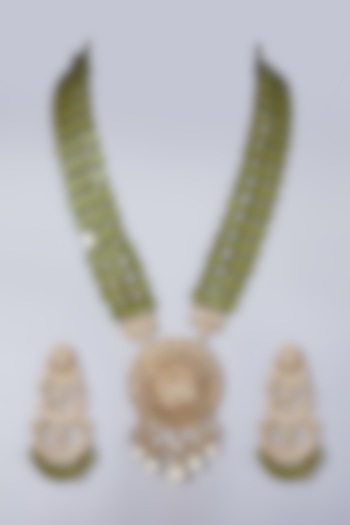 Gold Finish Kundan Polki Pendant Necklace Set by Preeti Mohan