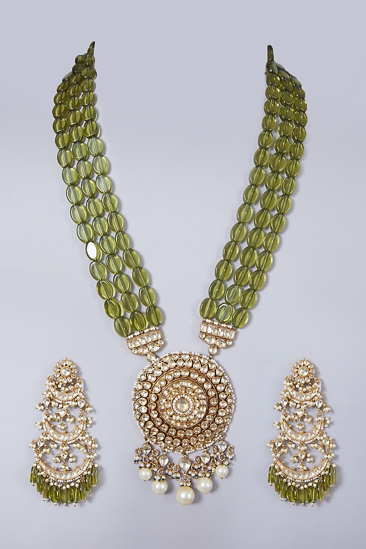Gold Finish Kundan Polki Pendant Necklace Set by Preeti Mohan
